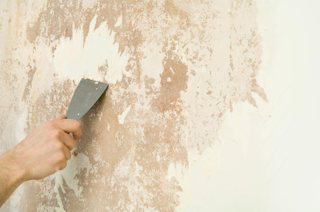Dùng cây cạo sơn làm sạch đi lớp sơn tường bị muối hóa.