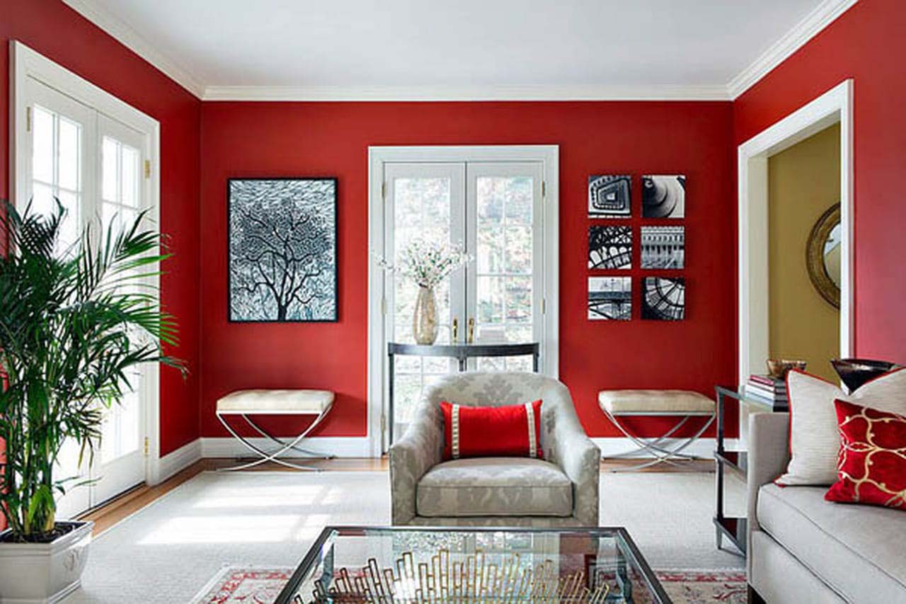 Không gian phòng khách sơn màu đỏ ấm áp